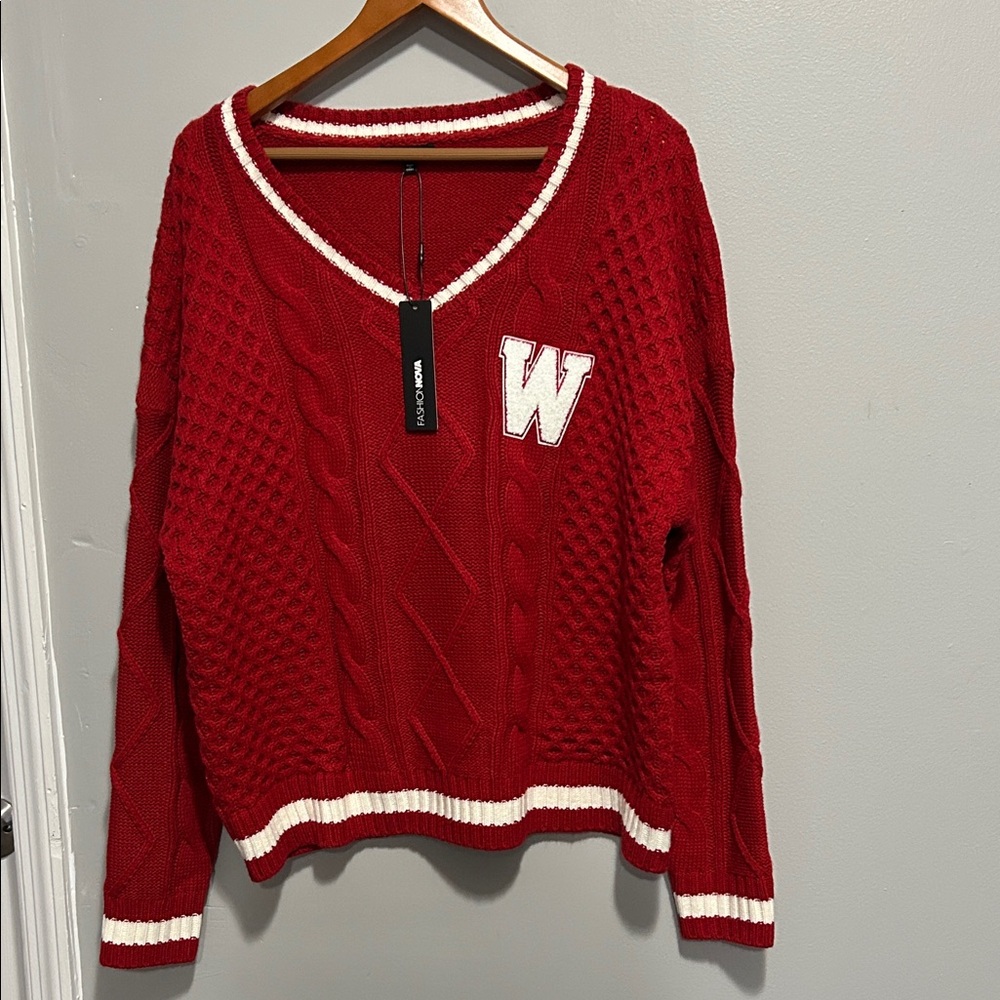 Fashion Nova Red V-Neck Sweater with White Accents